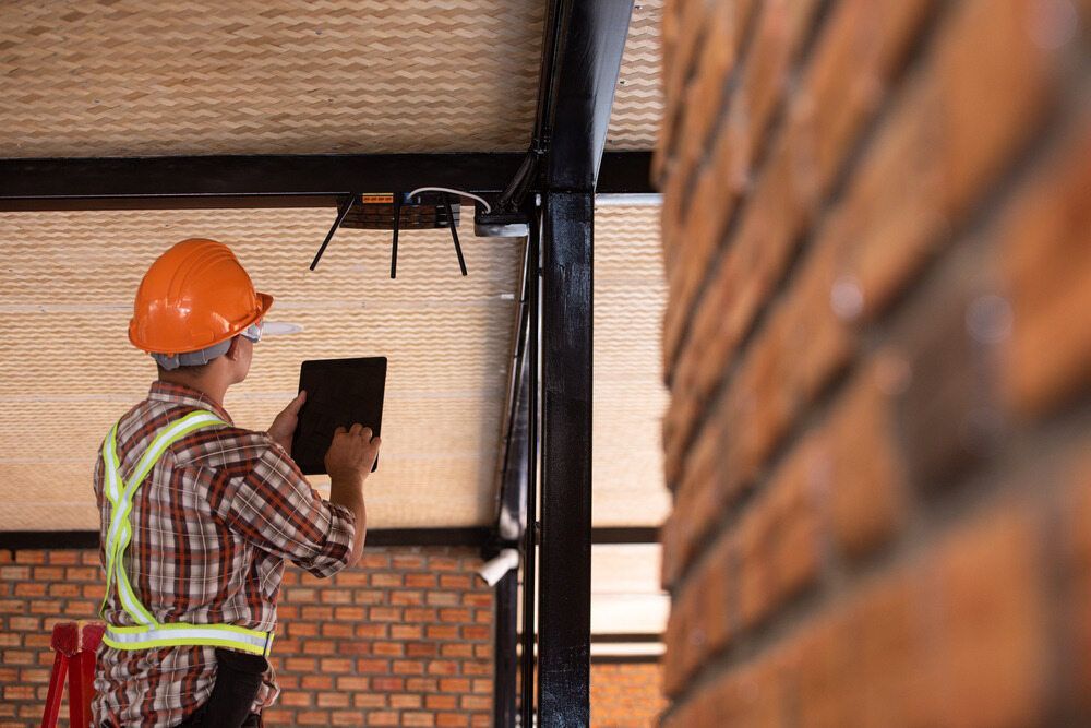 A Man is Looking at a Tablet While Standing in Front of a Brick Wall — Direct Connect Services In Buderim, QLD