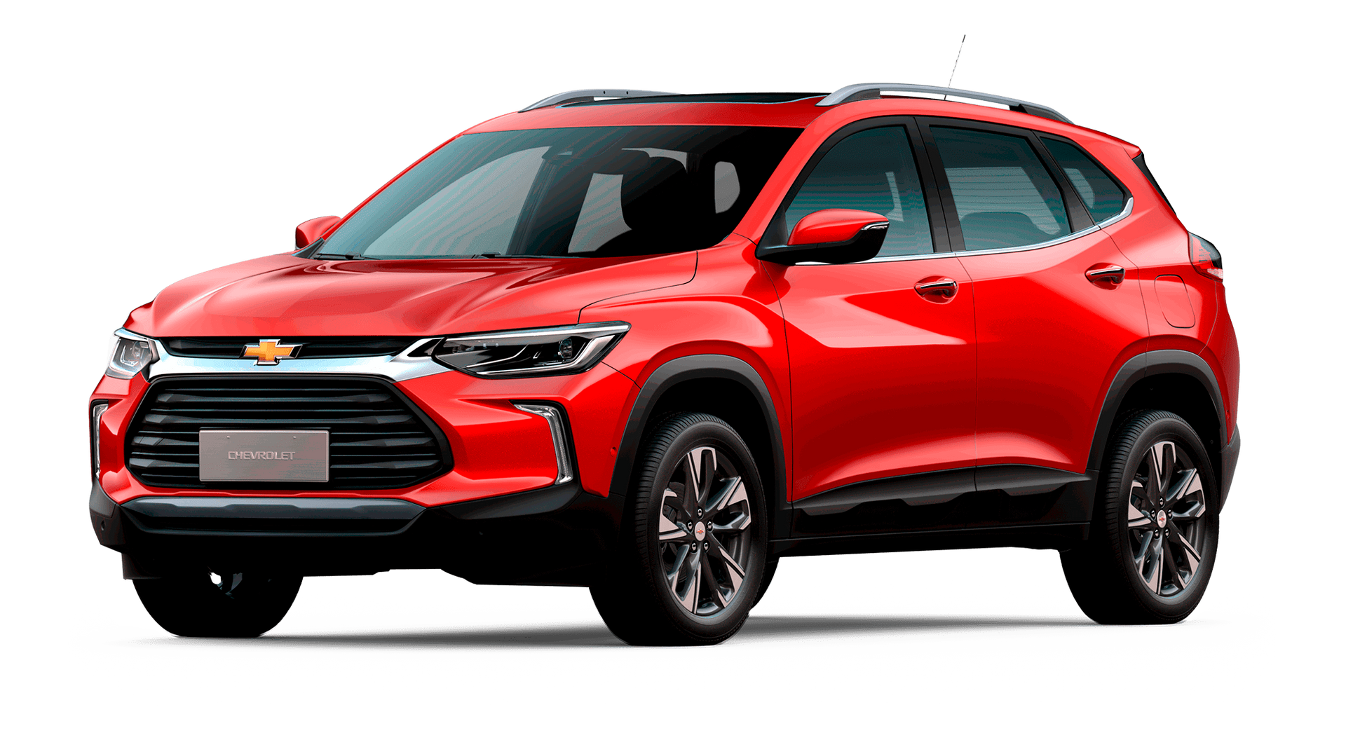 SUV Chevrolet Tracker rojo, vista frontal, sobre fondo blanco.