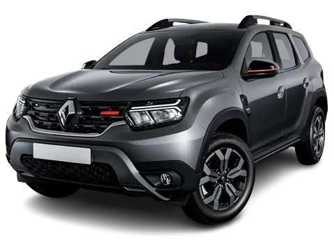 SUV Renault Duster gris estacionado, vista frontal. Portaequipajes y llantas negras, detalles en negro y naranja.