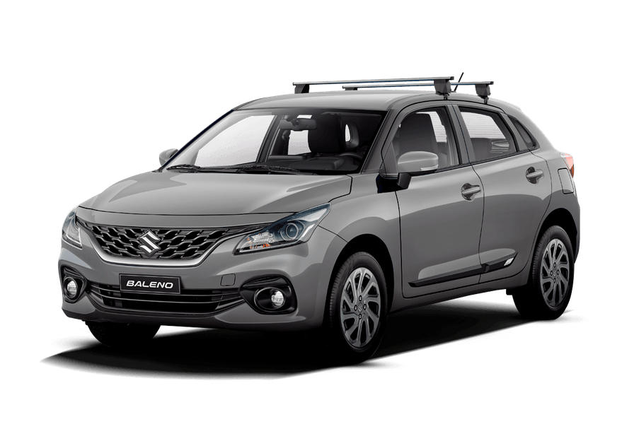 Suzuki Baleno hatchback gris con baca.