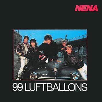 Nena band members posing on a vintage car. The album cover features the band with a black background and title