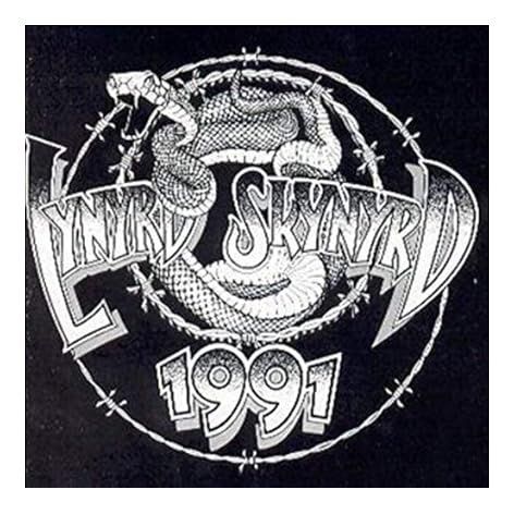 Black and white Lynyrd Skynyrd logo. A coiled snake is surrounded by barbed wire, and the band name and the year