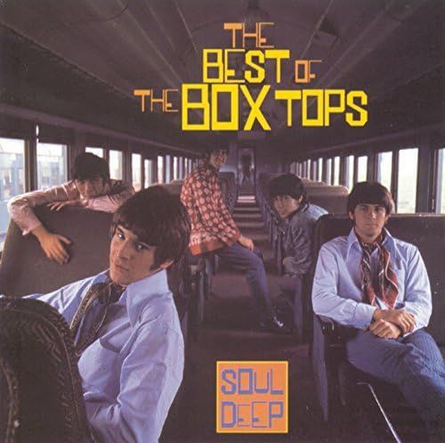 Album cover of The Best of The Box Tops. The band poses inside a train car. The cover has a brown hue.