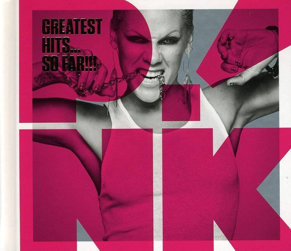 Pink album cover. Pink-toned photo of a woman, possibly Pink, with the album title
