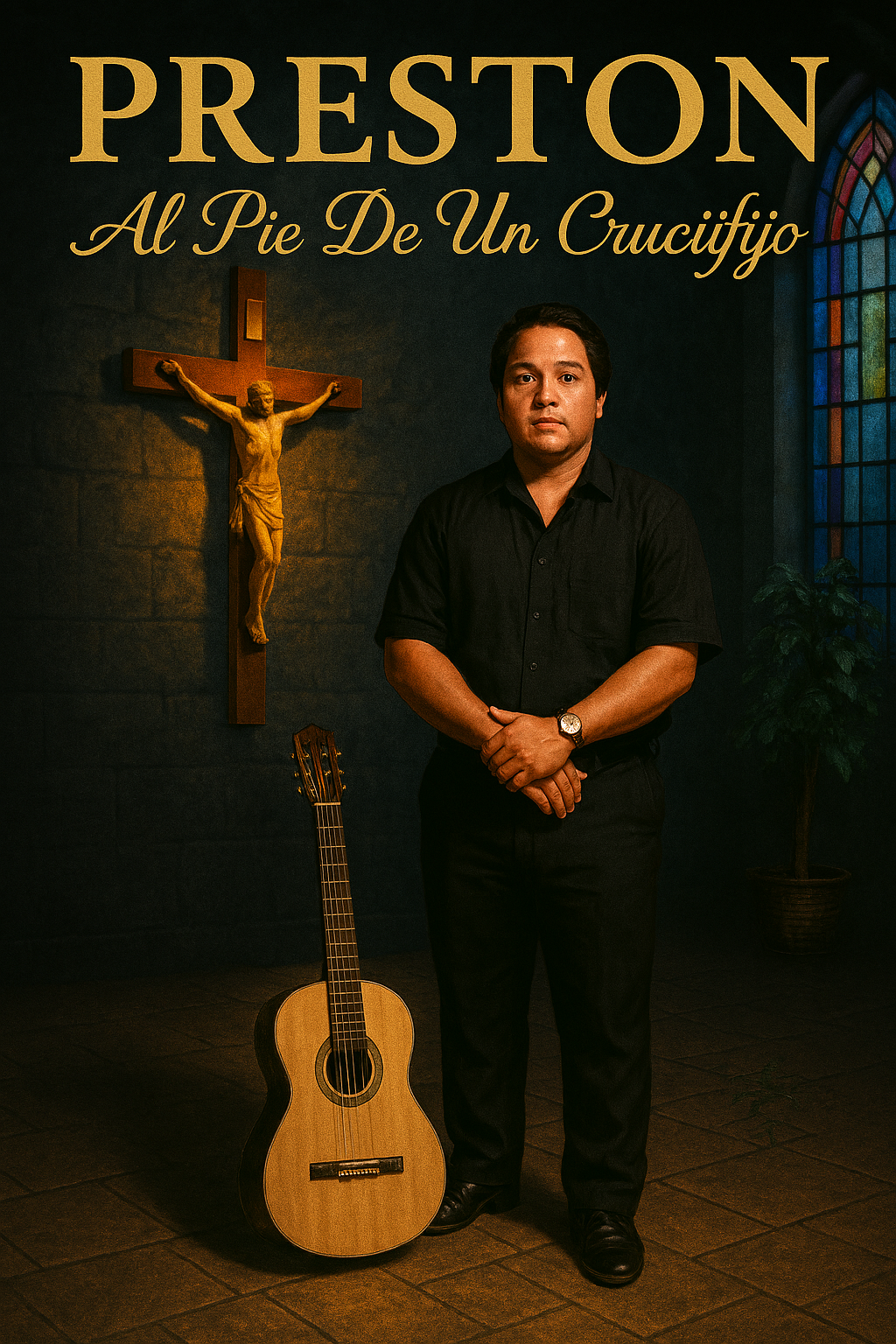 Man standing near a crucifix and guitar in a dimly lit room, with the title
