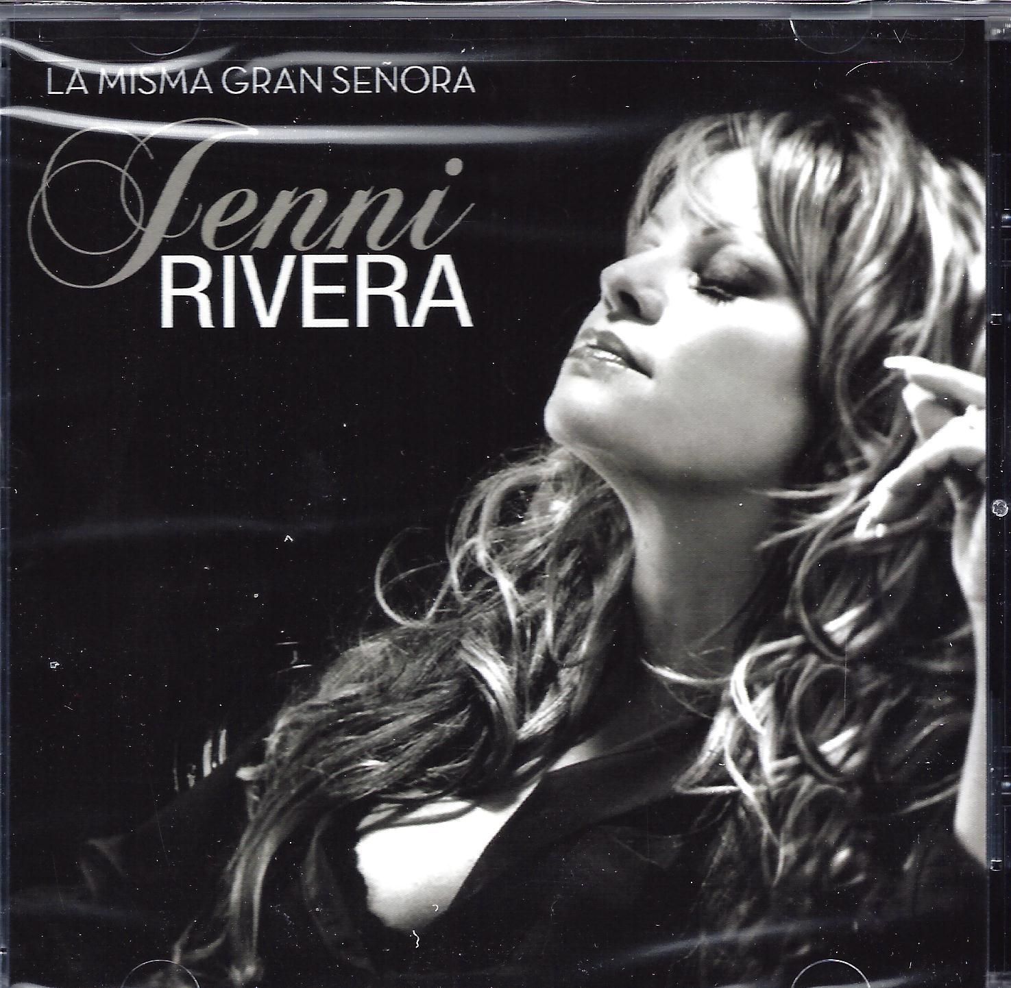 Jenni Rivera album cover: black and white photo of Rivera looking up with curly hair. Text