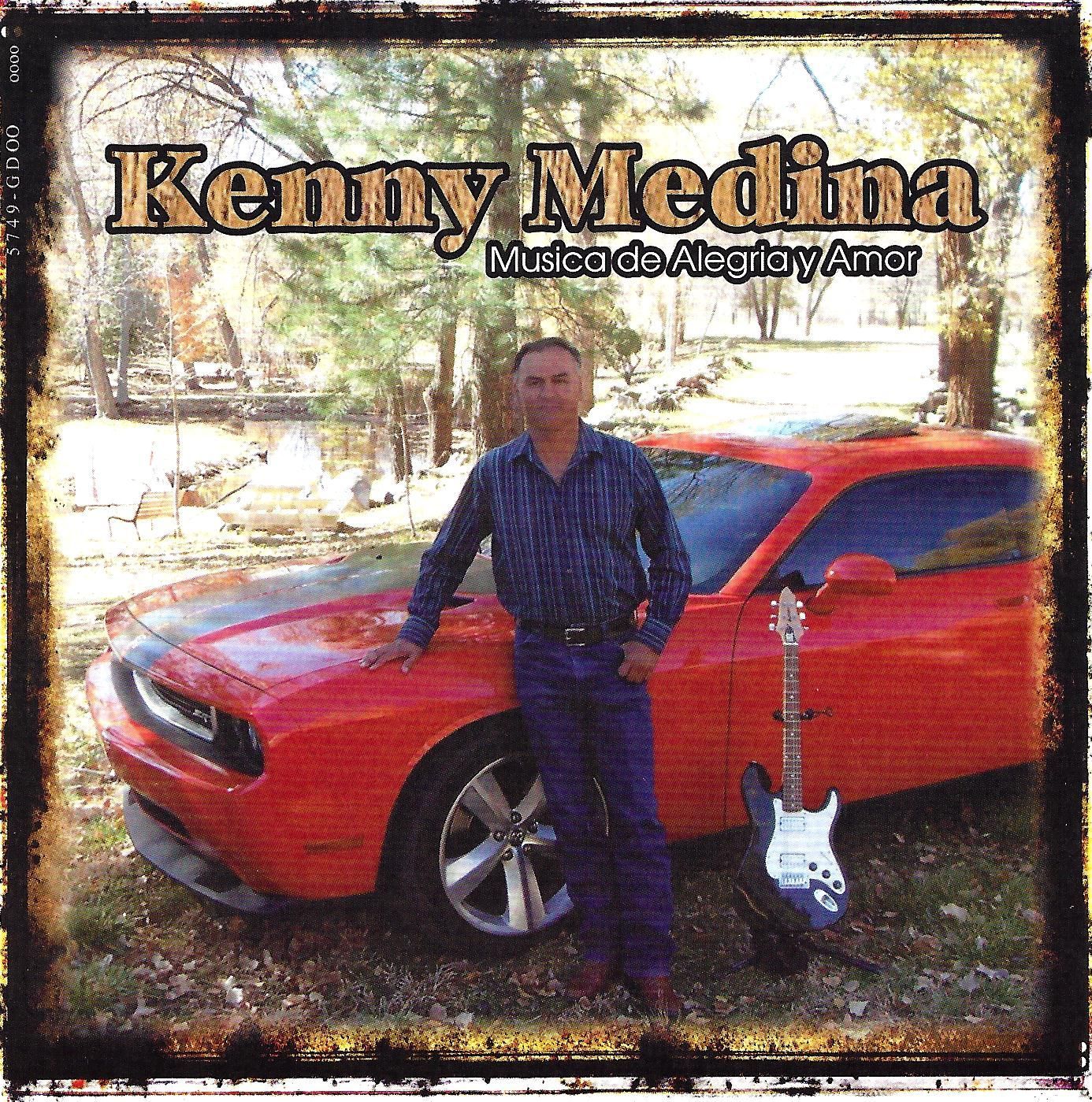 Kenny Medina stands next to a red car with guitar; Music of joy and love is written on the album cover.