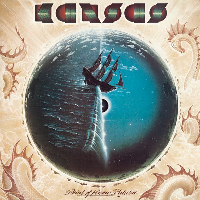 Album cover for Kansas, featuring a ship on a globe, split with blue and white, with the band's logo above.