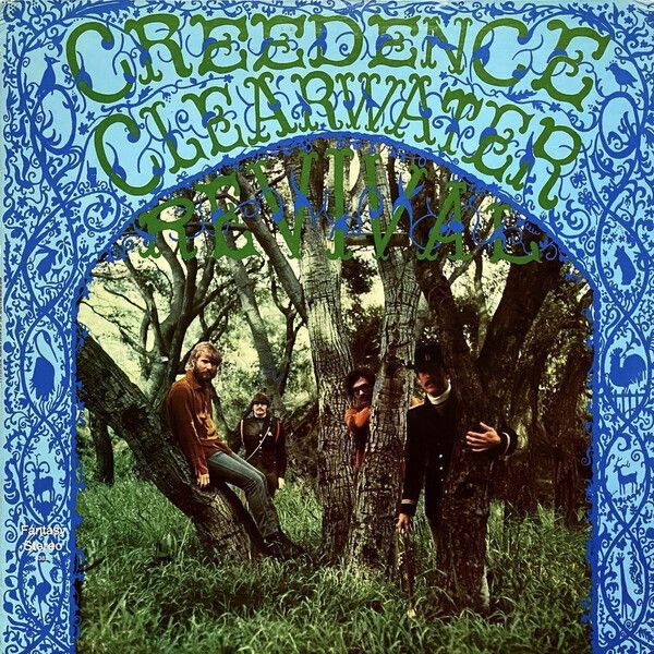 Creedence Clearwater Revival album cover with band members in a forest, blue and green foliage and lettering.
