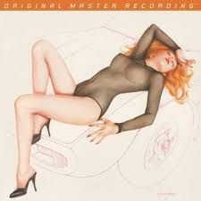 Woman in sheer bodysuit, reclining on a car outline, red hair, high heels. Illustration with a retro, pin-up style.