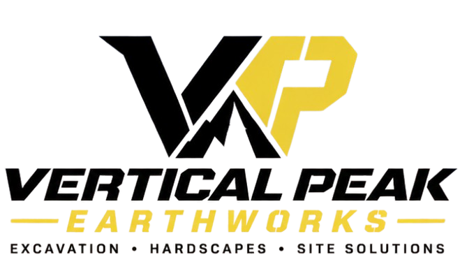 Vertical Peak Earthworks logo in black and yellow with excavation, hardscapes, and site solutions tagline
