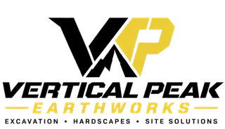 Vertical Peak Earthworks logo in black and yellow with excavation, hardscapes, and site solutions tagline