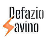 Logo per Defazio Avino con testo nero e un fulmine arancione su sfondo azzurro.