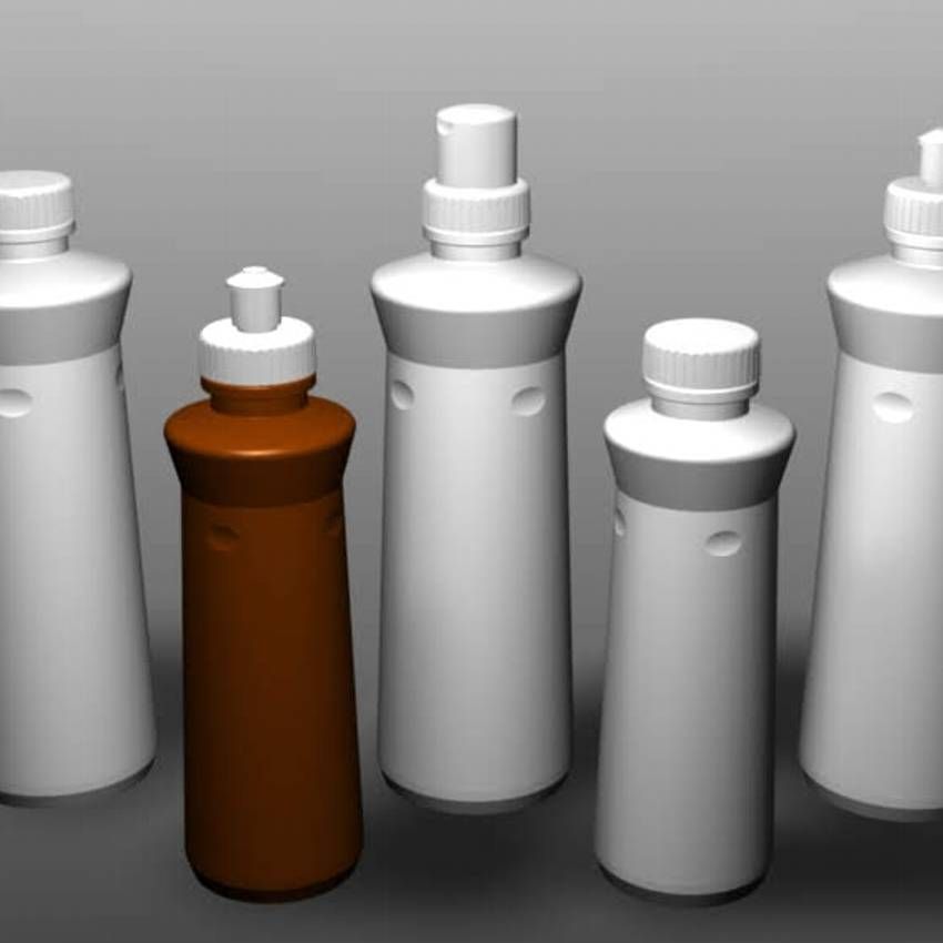 Raffigurazione rendering di collezione di flaconi e tappi per detergenti