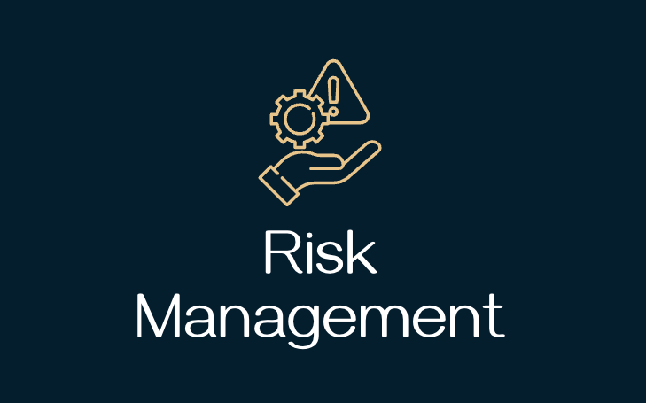 A logo for risk management with a hand holding a gear and a warning sign.