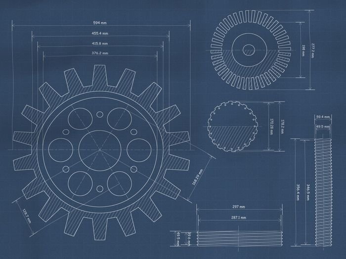 Progetto di un ingranaggio, con viste multiple e dimensioni indicate. Linee bianche su sfondo blu.