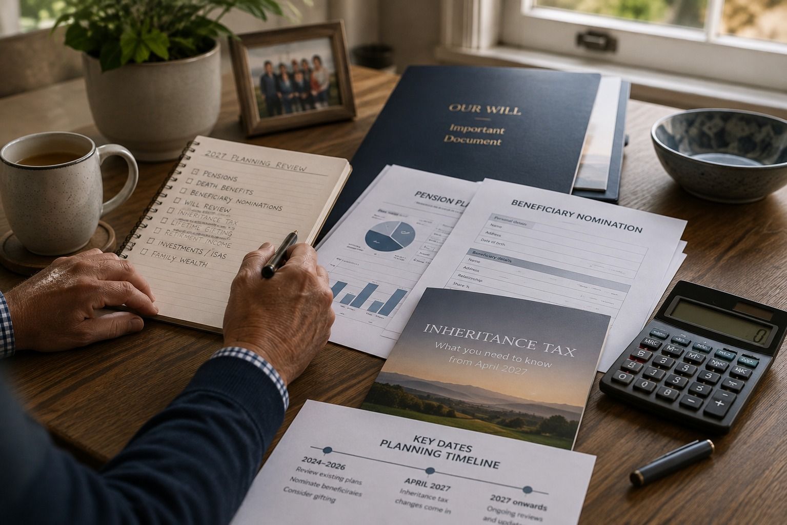Hands reviewing pension, beneficiary nomination, will and inheritance tax documents for a 2027 planning checklist