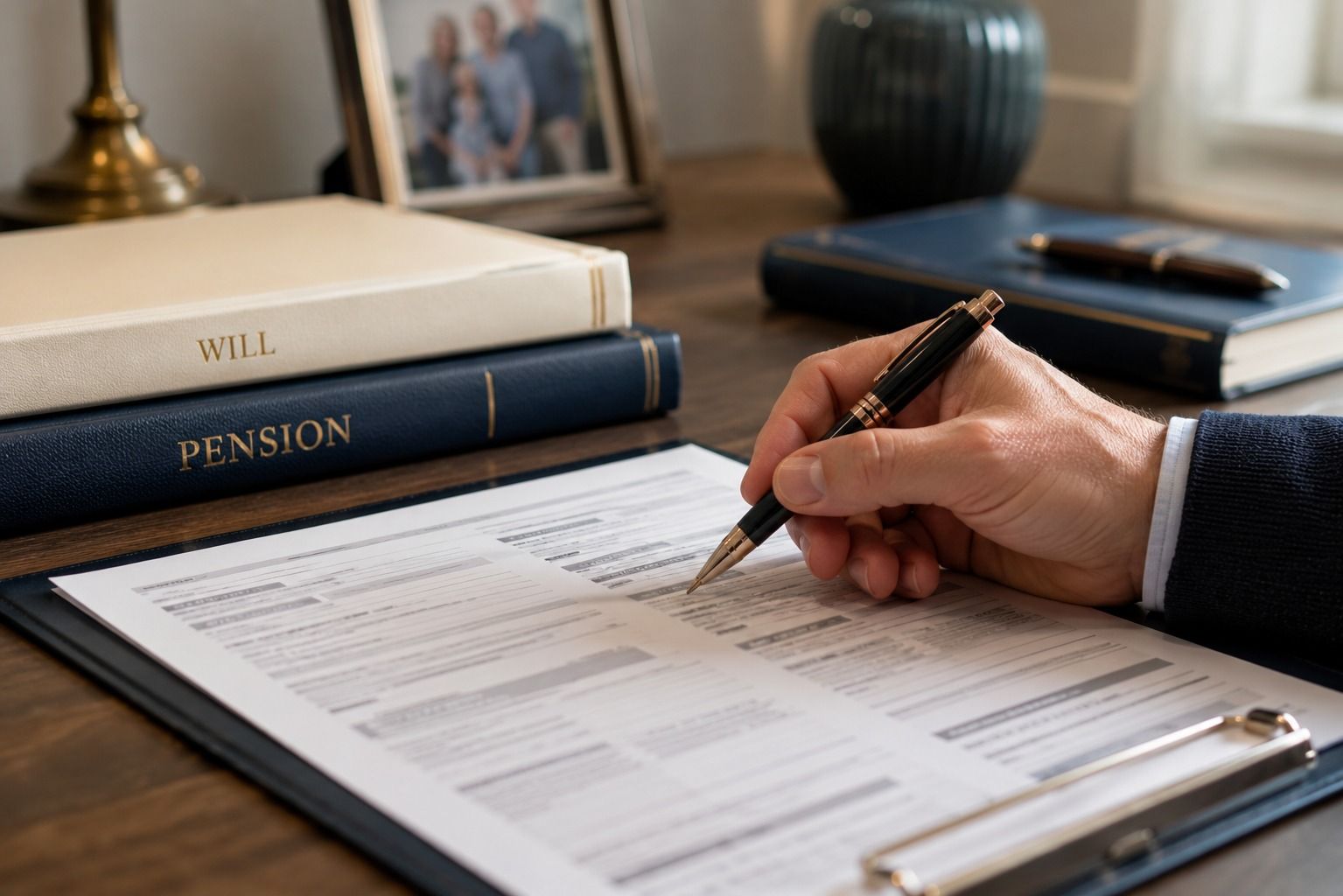 Pension beneficiary nomination form being reviewed as part of estate planning