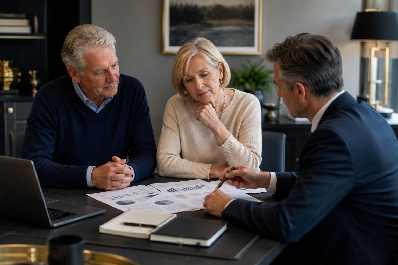 Retired couple reviewing retirement income strategy and pension drawdown options with financial documents