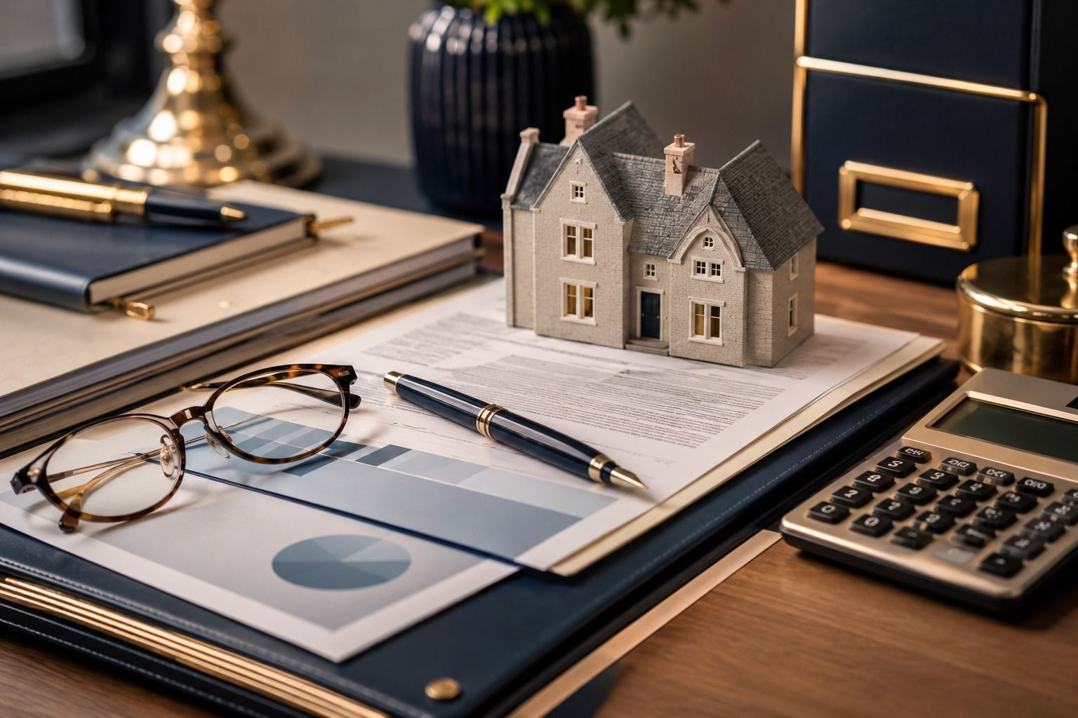 Financial planning desk showing pension documents estate planning notes and family home paperwork