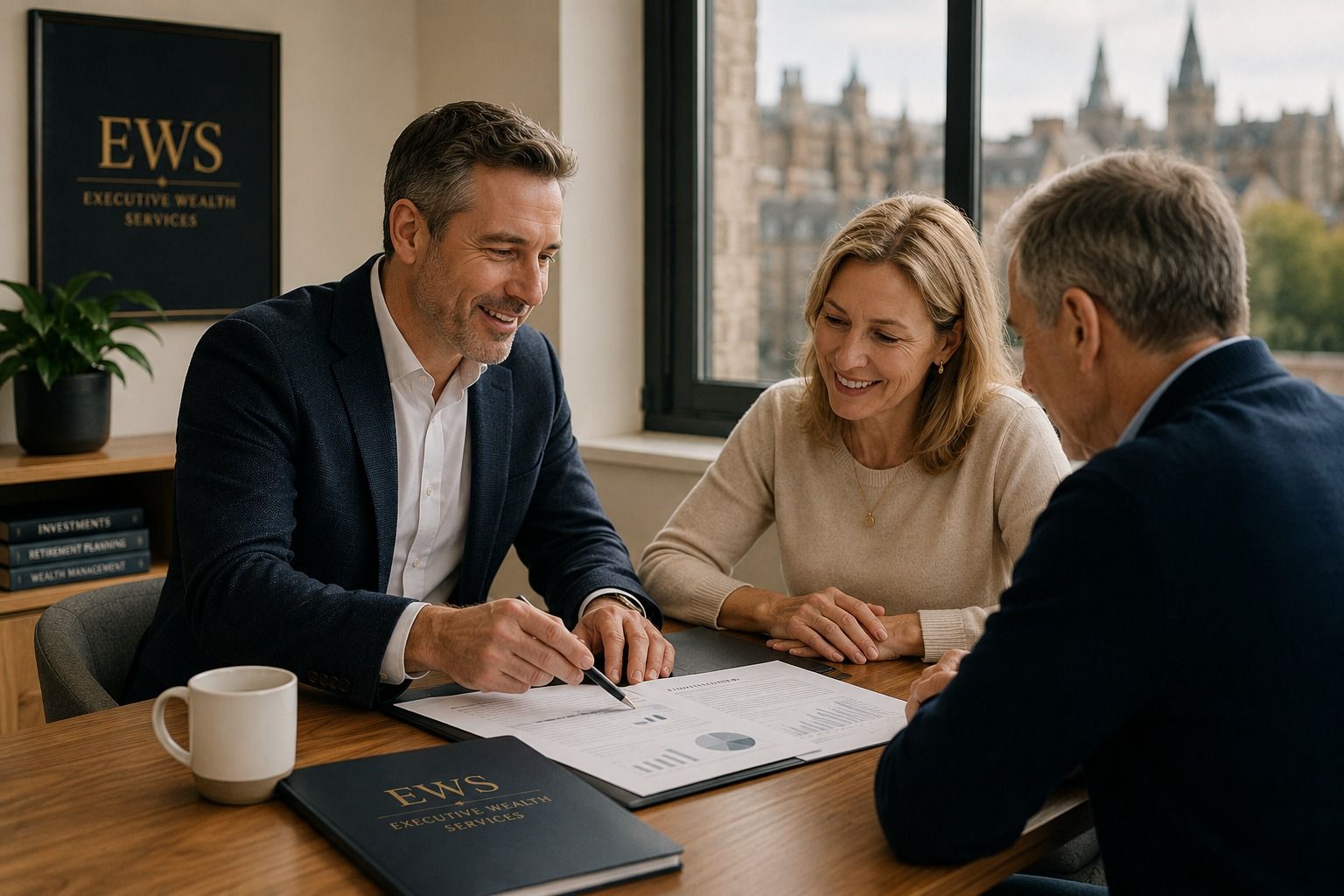 Client meeting with a financial adviser reviewing pension and investment planning documents