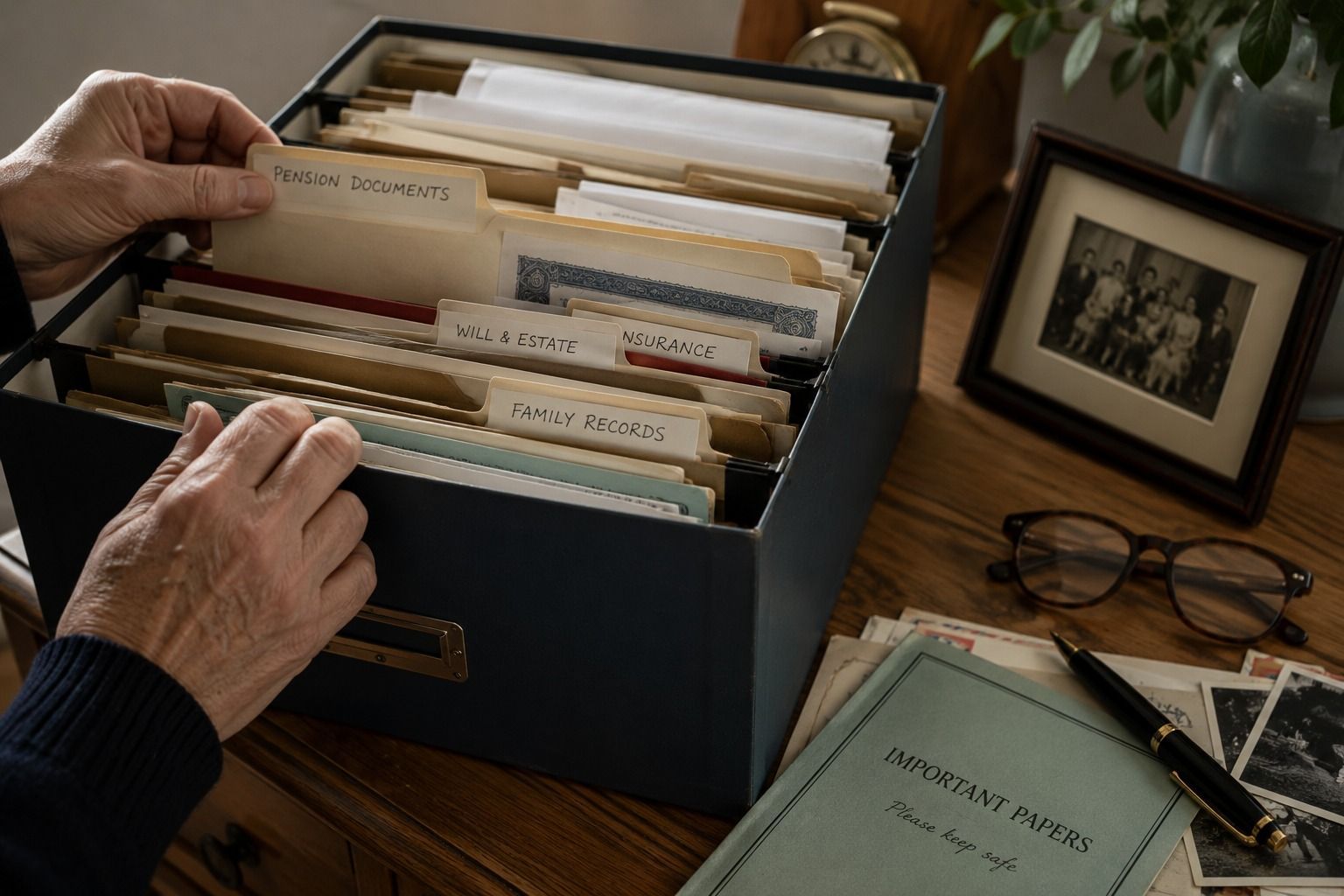 Household filing box with pension, will, insurance and family records gathered for review