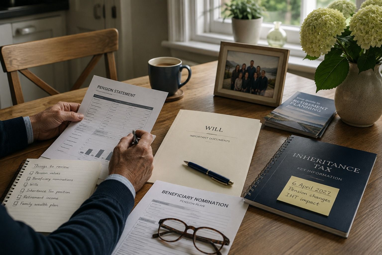 Family pension statement, will and inheritance tax documents reviewed at a home dining table