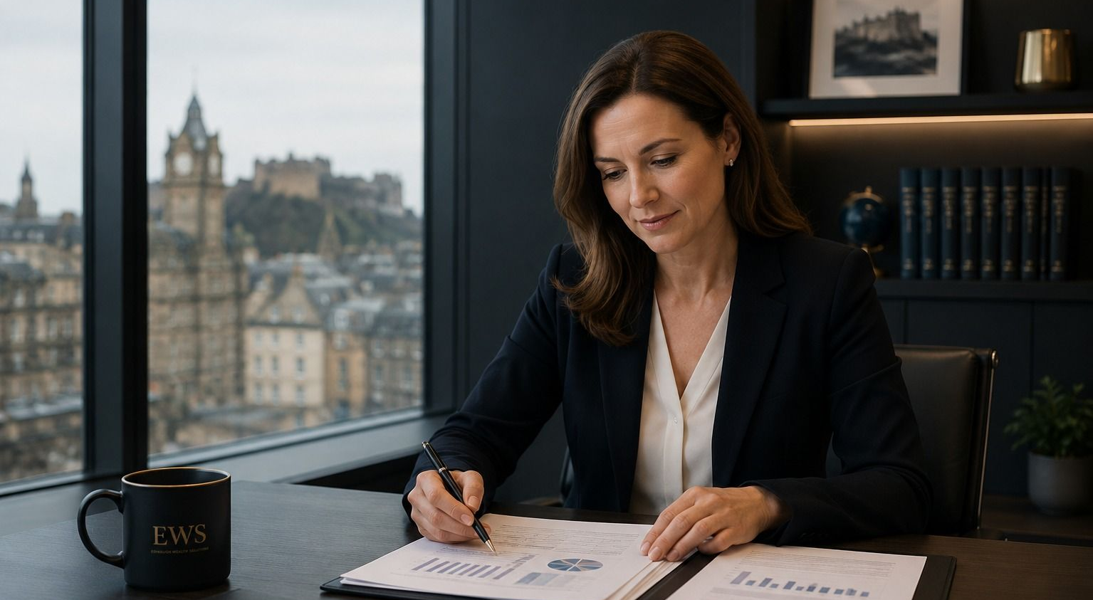 Female financial adviser reviewing investment planning documents in a professional office setting
