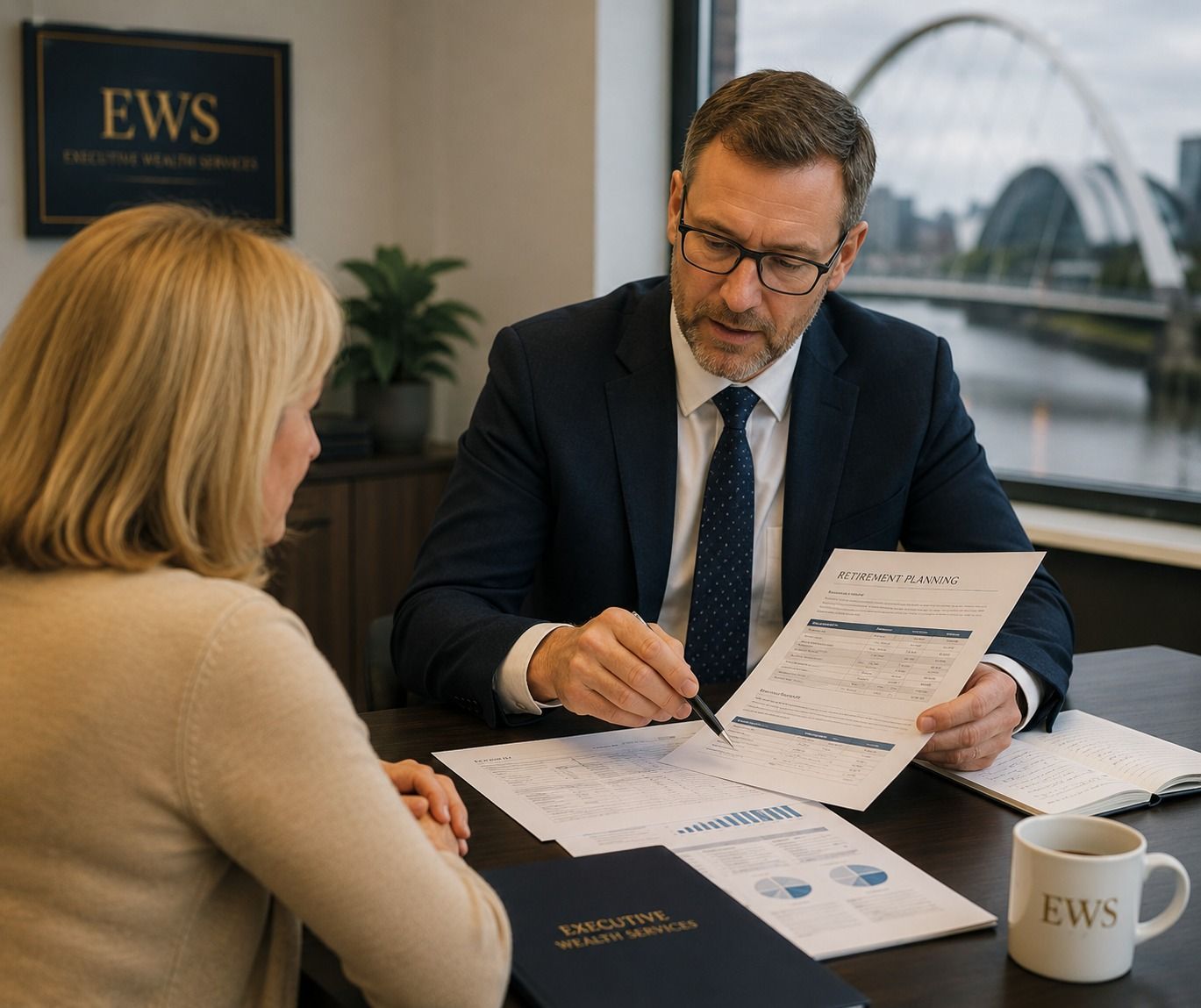Independent financial adviser in Glasgow reviewing pensions, investments and retirement planning documents