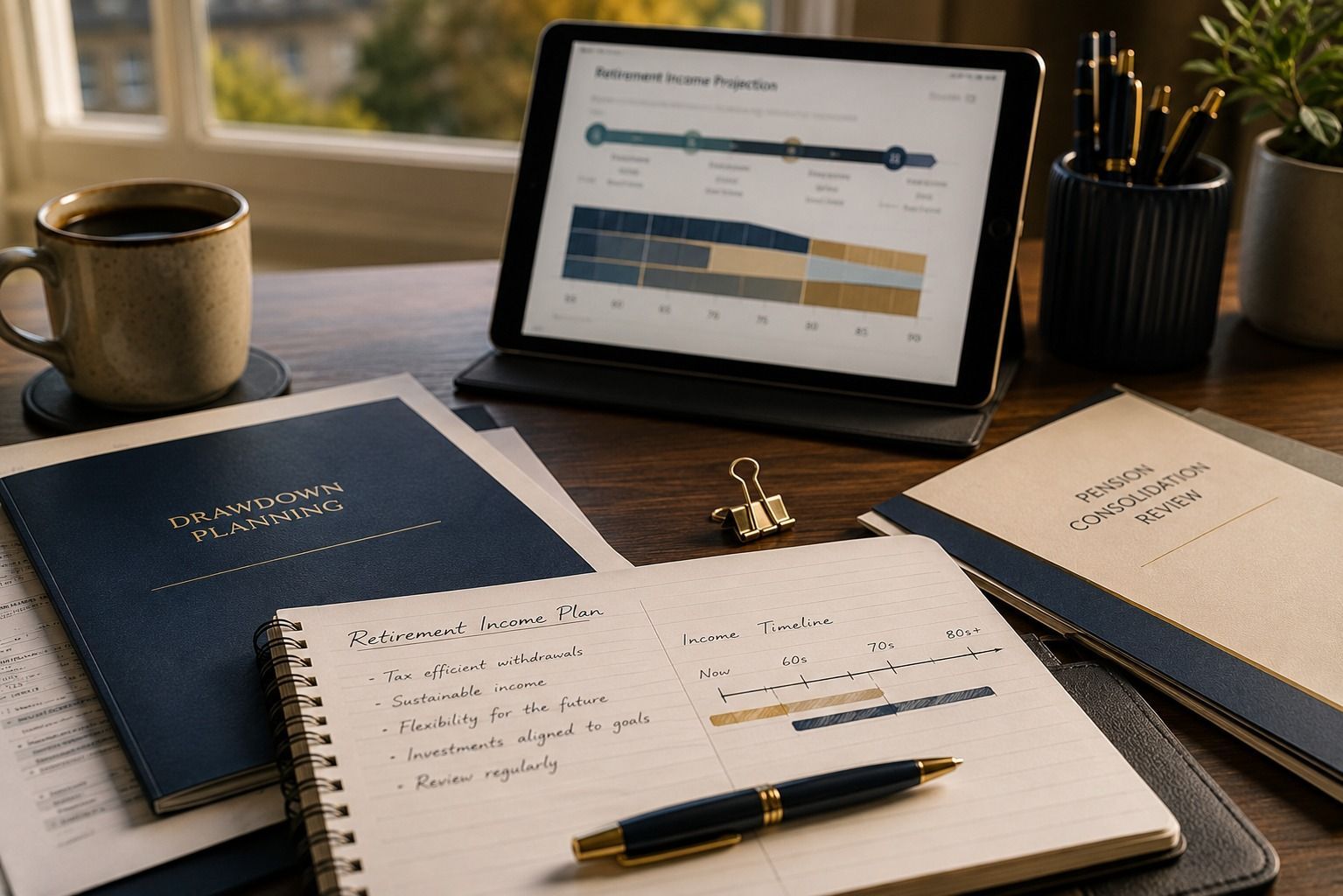 Pension consolidation and drawdown planning documents for retirement income advice
