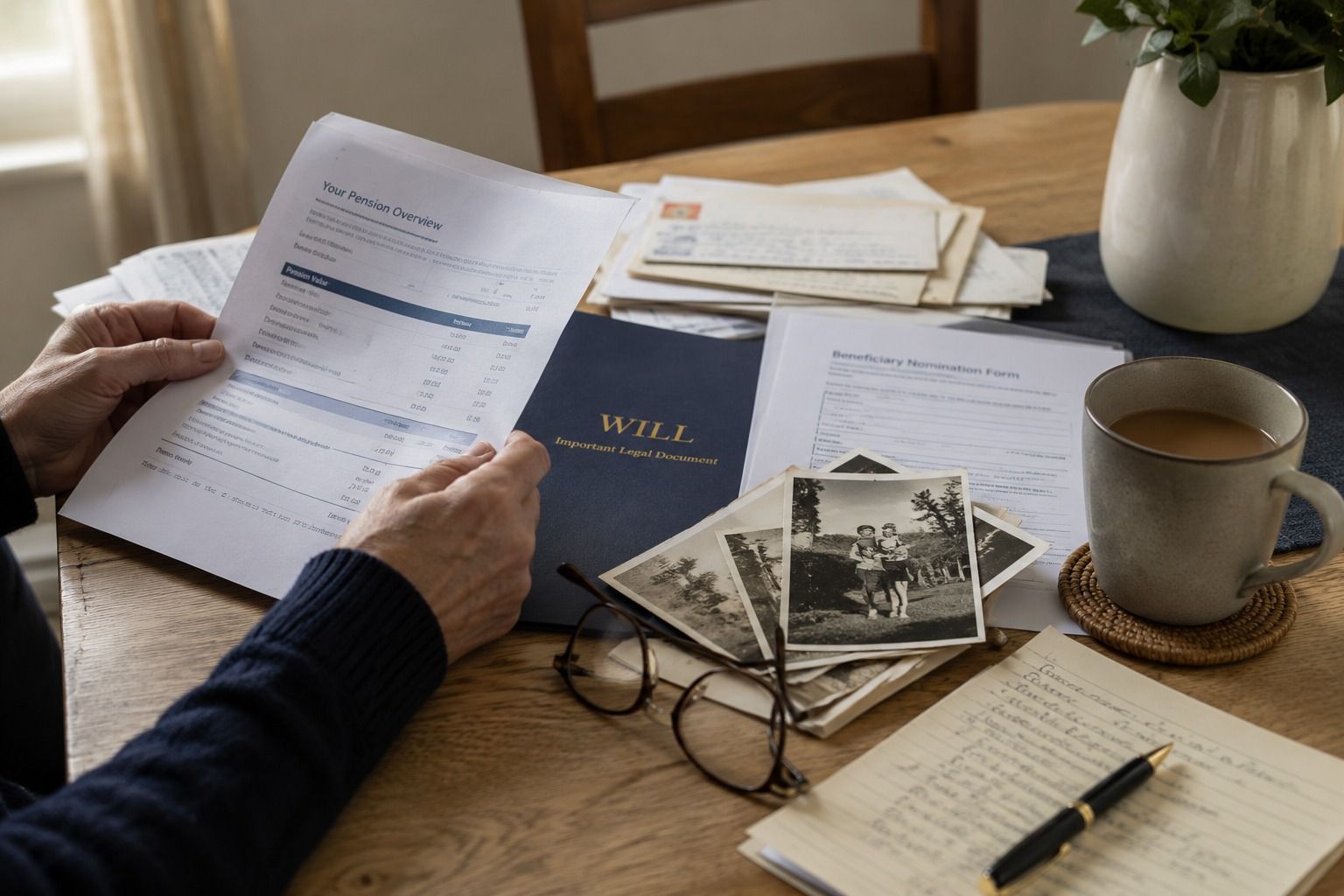 Family pension overview, will and beneficiary nomination documents reviewed at a home table