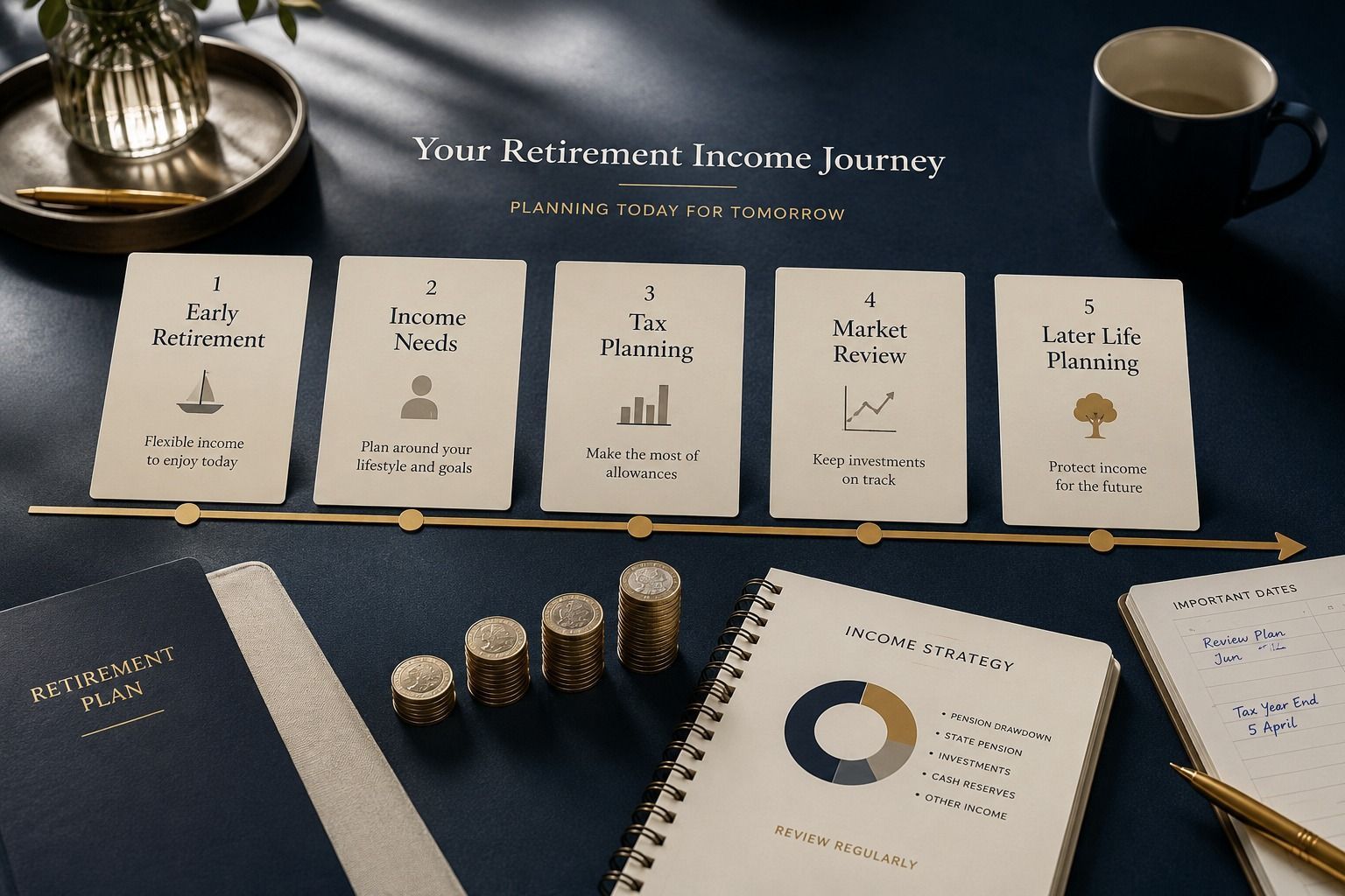 Pension drawdown income flow strategy showing retirement income stages tax planning and investment risk