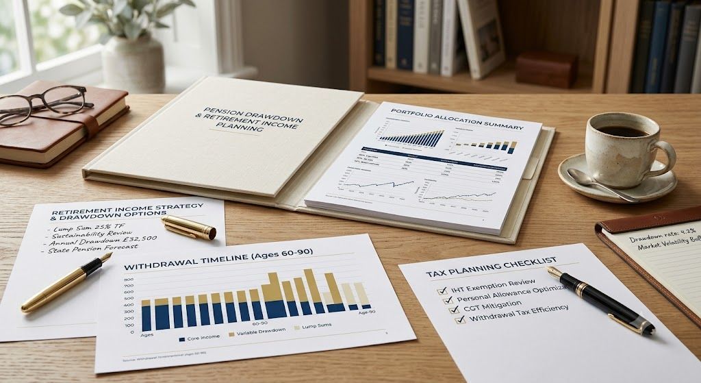 Pension drawdown retirement income planning documents arranged on a premium desk