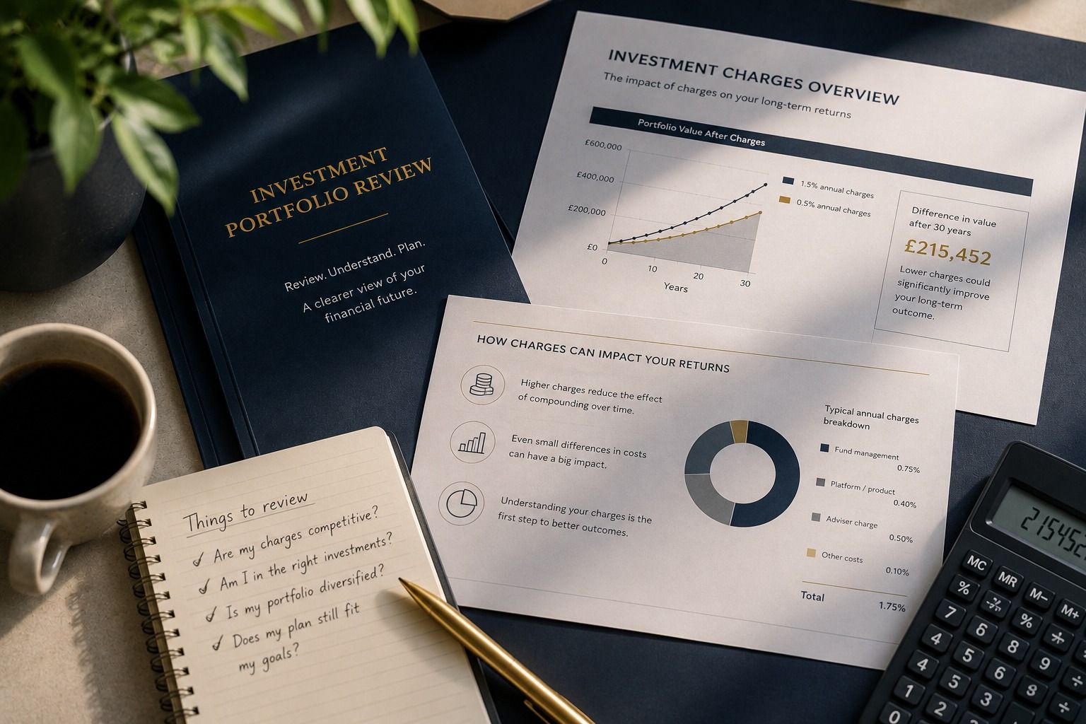 Pension and investment charges review documents showing portfolio costs and long-term financial plan