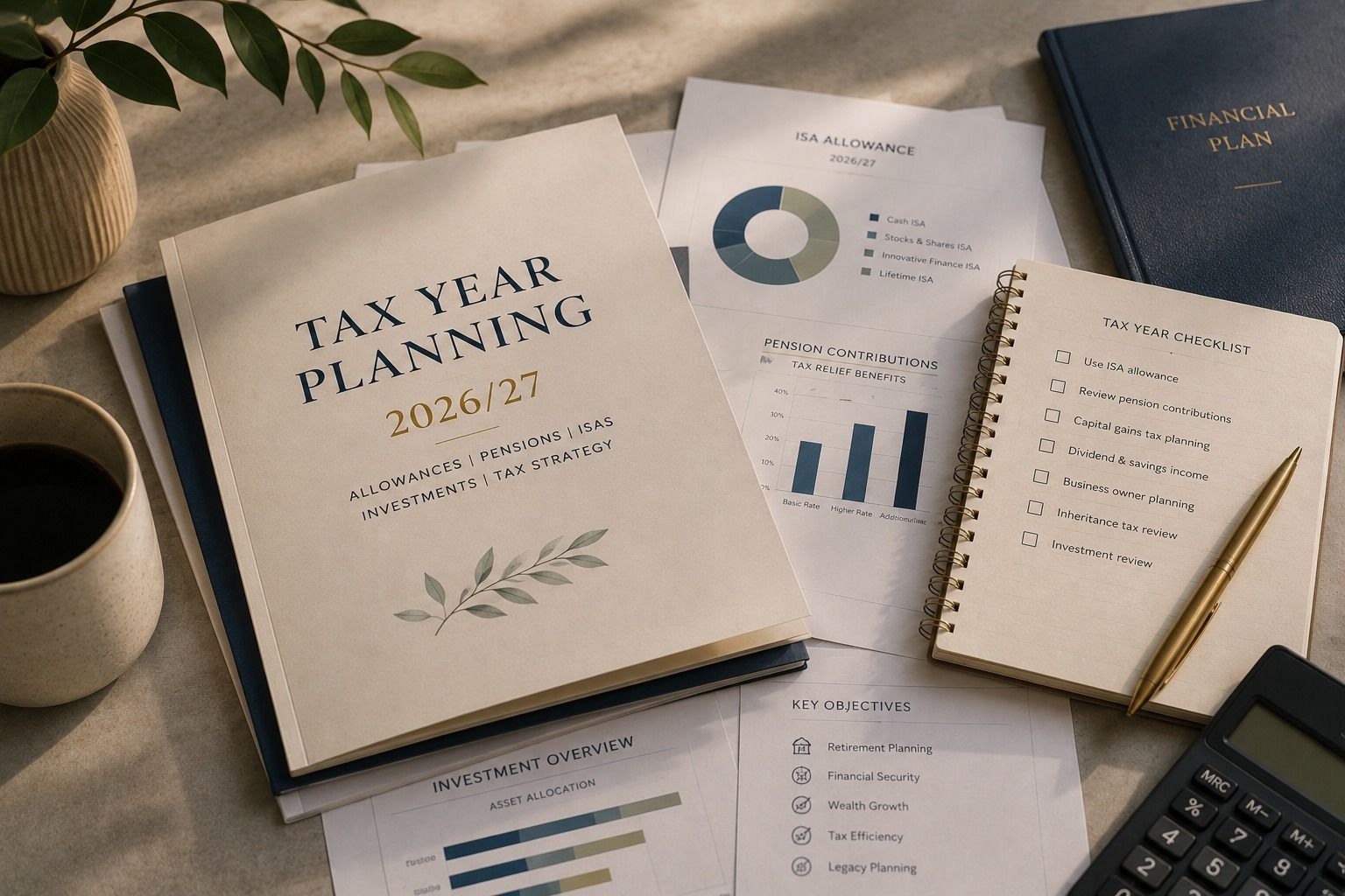 Tax year planning documents for ISAs pensions and investment allowances reviewed by EWS Financial 