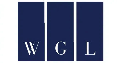A blue logo with the letters w gl on it.