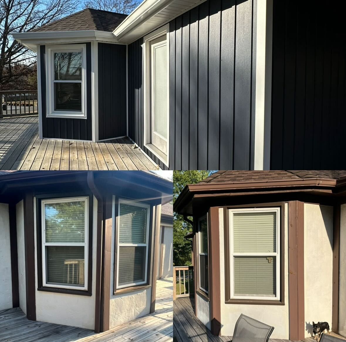 Exterior views of a house with dark siding, white trim, and bay windows on a deck