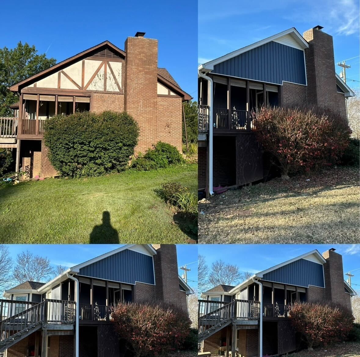 Four views of a two-story brick house with blue siding, porch, chimney, and a grassy yard under clear skies