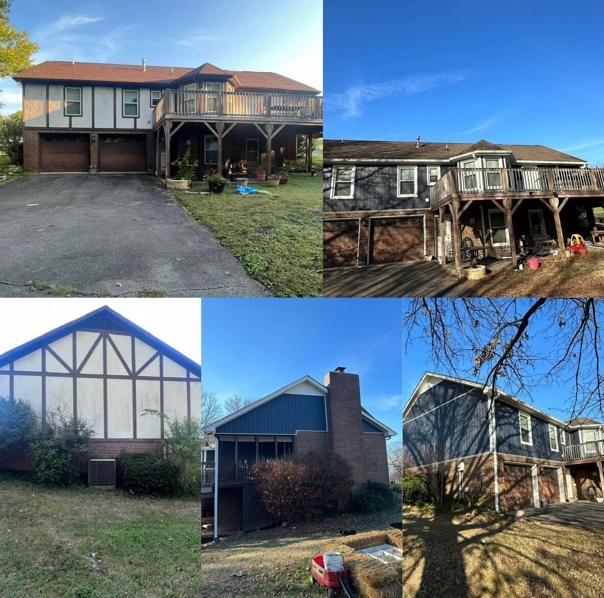 Collage of a weathered house exterior with peeling wood, porch damage, and a gravel driveway
