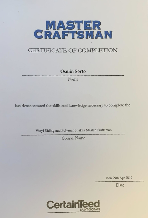 CertainTeed Master Craftsman Certificate of Completion on white paper with blue and black text