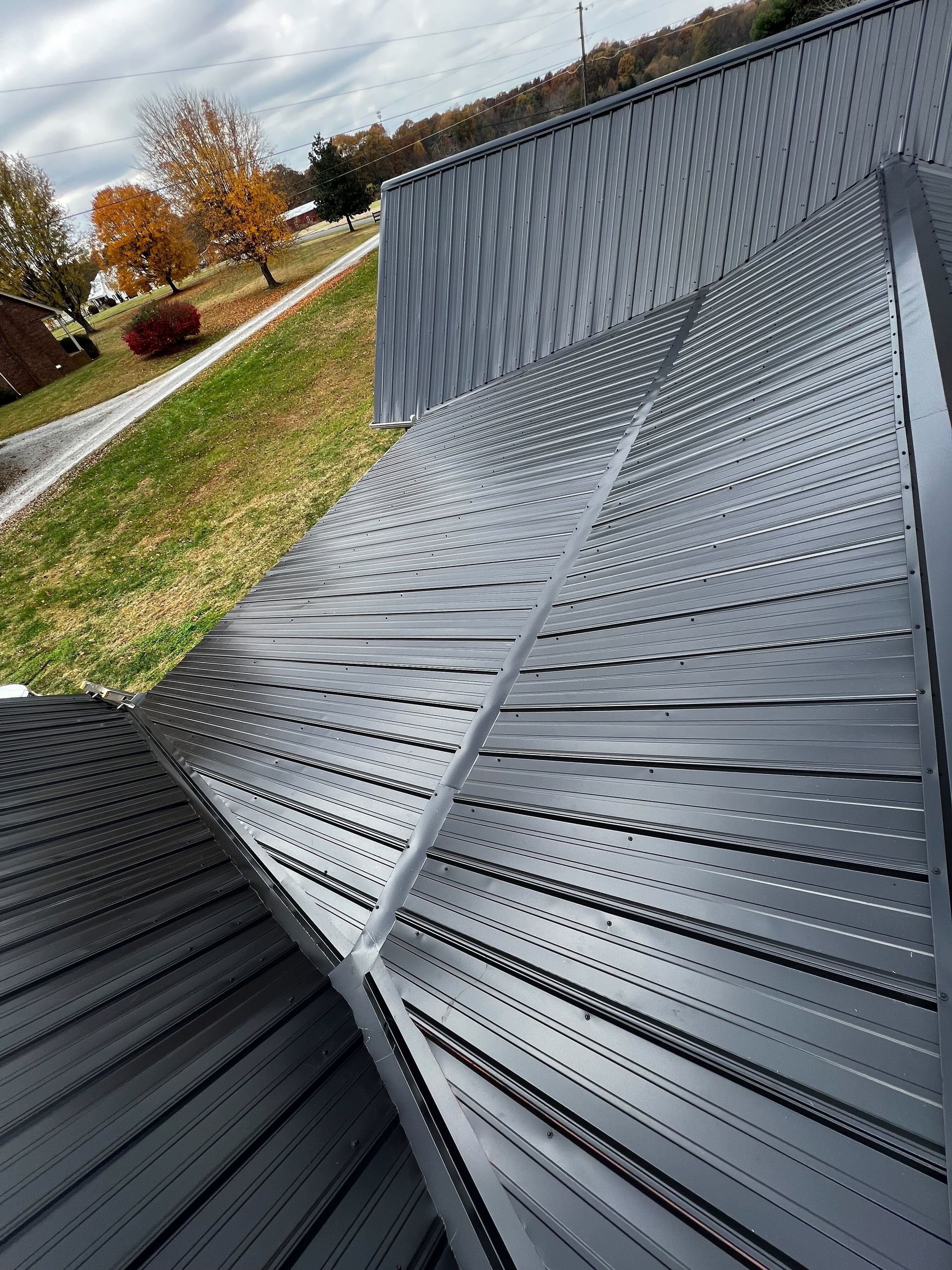 Silver metal roof panels on a sloped structure with autumn trees in the background