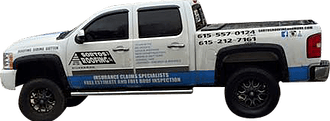 White lifted pickup truck with company graphics and blue stripe on the side, shown in profile on white background