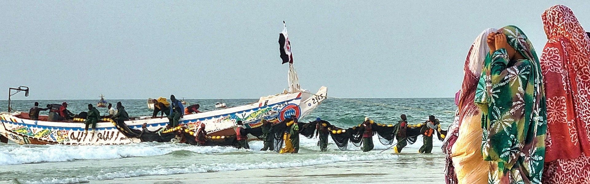 The catch of the day. Fisherman pulling long fishing nets out of their boat while women dressed in colorful traditional dresses wait on the shore to buy the catch of the day. Travel to Mauritania with Africa DMC´s member and on the ground expert DMC and Tour operator Détours Mauritanie, experts in designing tailor-made itineraries in Mauritania.
