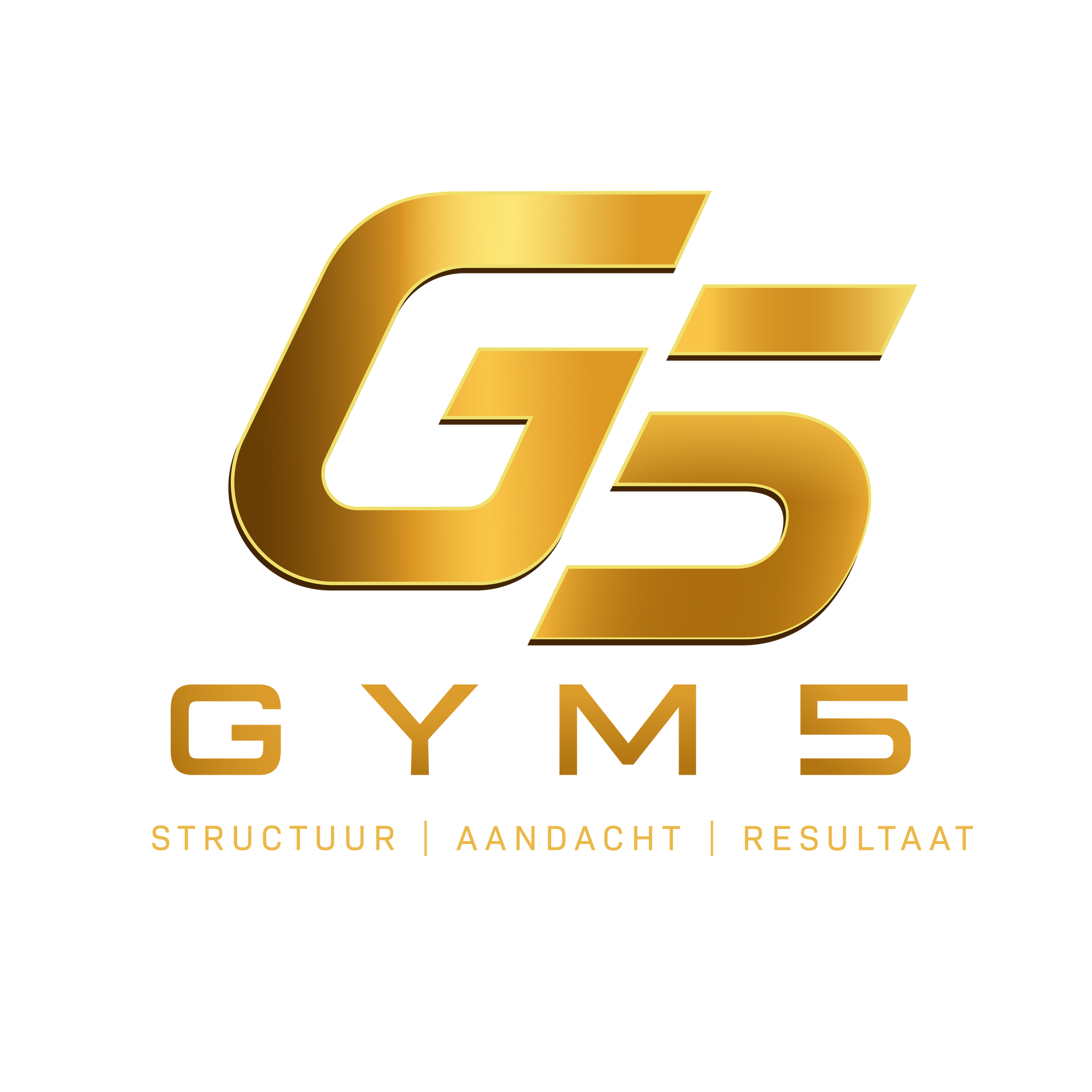 Golden G5 Gym logo with the words “GYM 5” and tagline “Structuur | Aandacht | Resultaat”