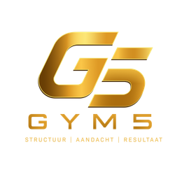 Golden G5 Gym logo with the words &ldquo;GYM 5&rdquo; and tagline &ldquo;Structuur | Aandacht | Resultaat&rdquo;