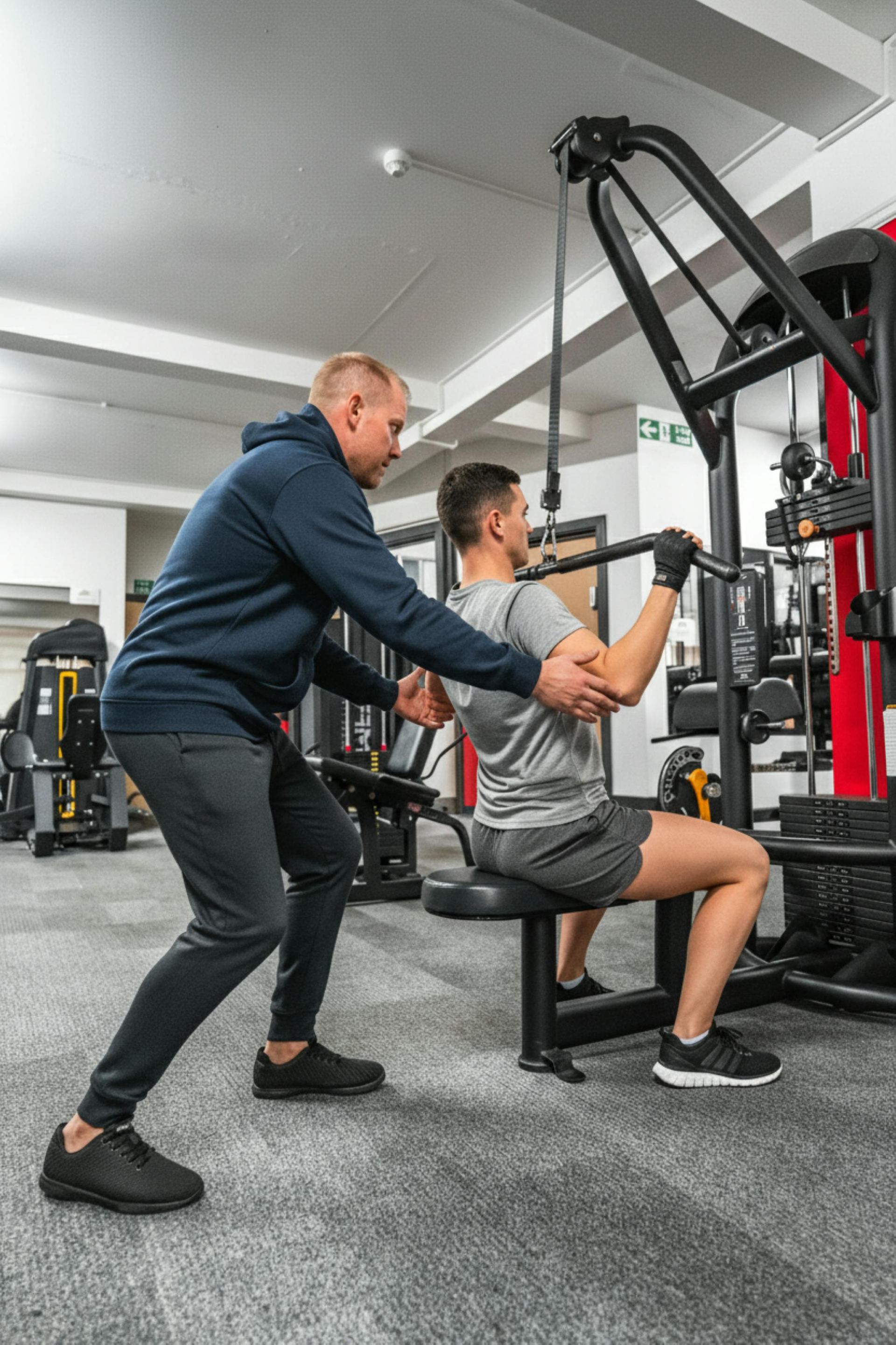 Een vrouw doet lat pulldowns met een trainer, zittend in een sportschool. Ze dragen rode kleding.