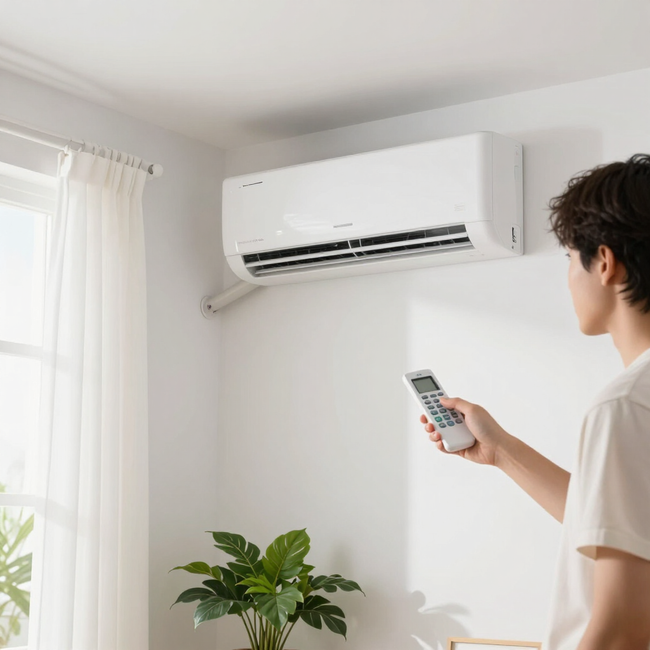 Person using a remote to operate a wall-mounted air conditioner in a bright room
