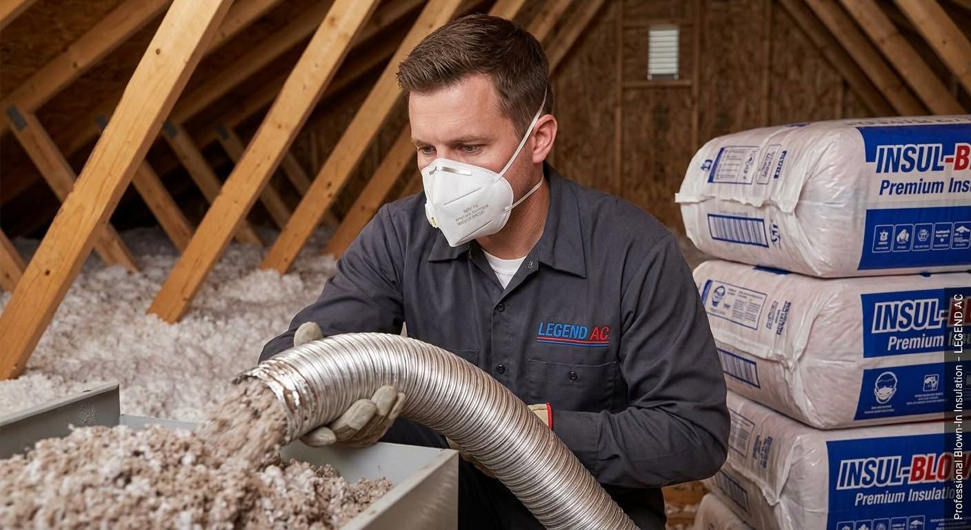 Man in a mask inspecting insulation inside an unfinished attic
