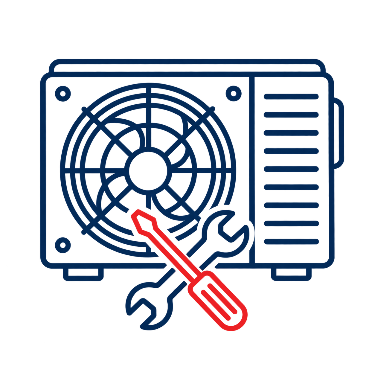 Air conditioner icon with fan grille and red wrench, indicating HVAC repair or maintenance