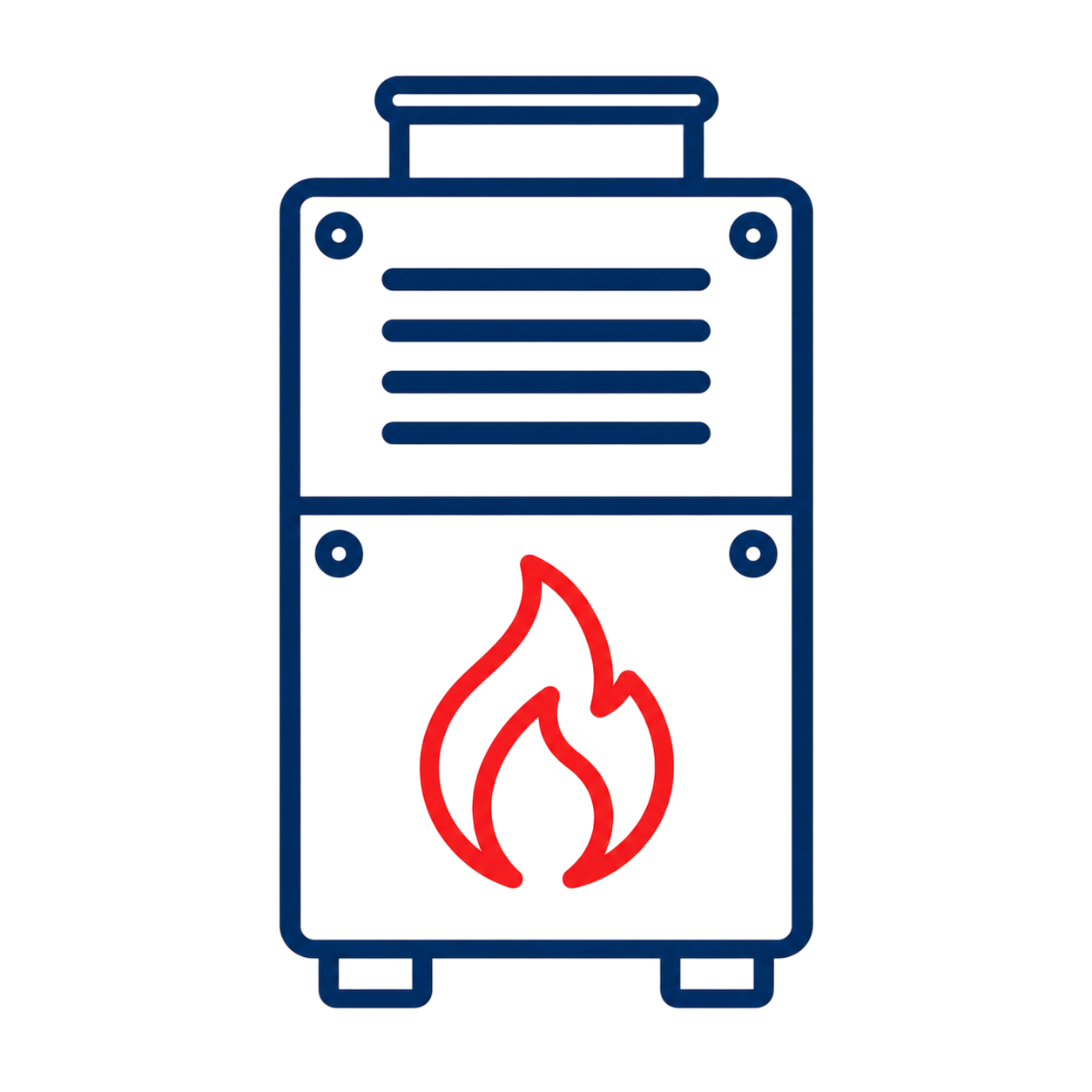 Blue gas heater icon with a red flame on the front panel
